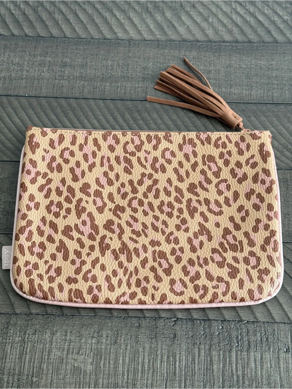 Ipsy Cosmetic Bag Faux Leather Beige & Pink Leopard Print Cosmetic Bag